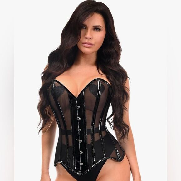 Daisy Corsets Black Corset Mesh Patent Steel Boned Laced Back Busk Front 2XL NWT - Picture 1 of 10